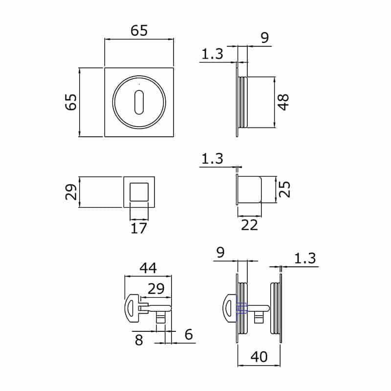 Schéma d'une serrure pour porte coulissante à galandage carrée fonction clé L