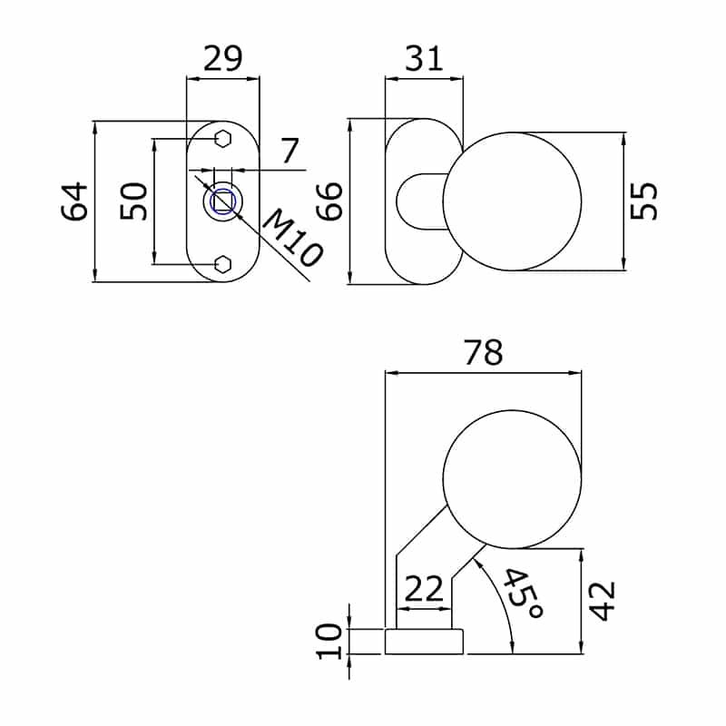 Schéma d'un bouton de porte incliné fixe avec un carré fileté