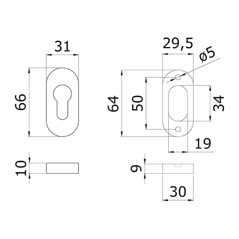 Schéma d'une rosace de porte ovale fonction clé I