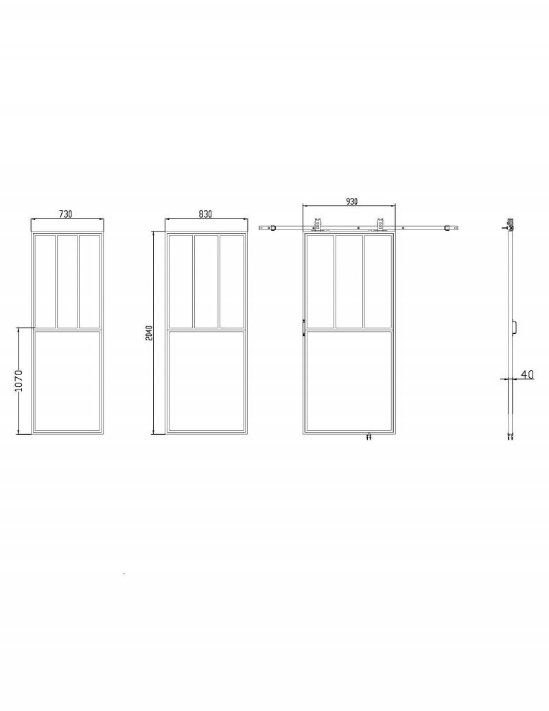 Schéma détaillé d'une porte coulissante de style atelier en acier noir mat Bario